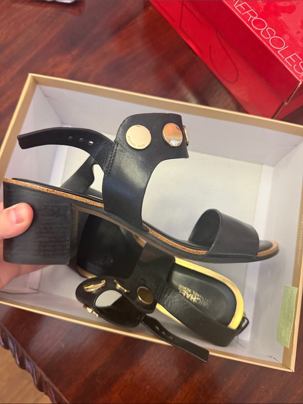 Michael Kors Black Leather Gold-Accent Block Heel Sandals Size 9